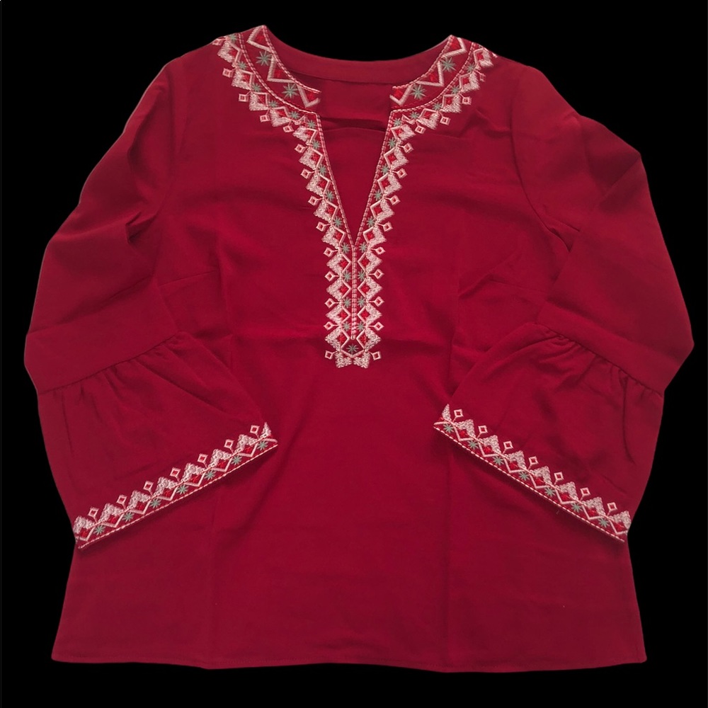 ✨HPX6 ♥️ 1 Small LEFT • Deep Red Embroidered Boho V-neck Top - Picture 8 of 11